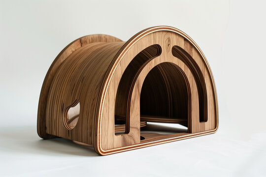 A wooden cathouse with an arched entrance standing on a  white backdrop.
