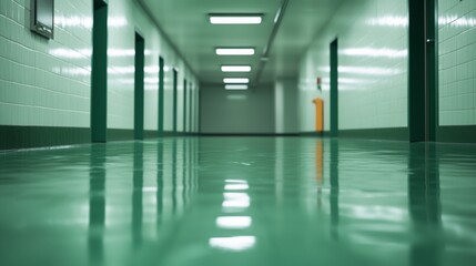 Obraz premium Long, empty corridor with green floor and walls, featuring evenly spaced doors and ceiling lights.