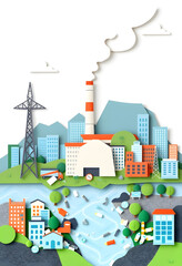 Naklejka premium Waste to Energy Plant Producing Electricity from City Waste, flat papercut style, with white tones