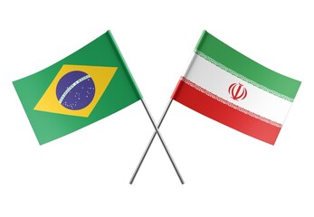  Crossed Iran and Brazil flags. Official colors. Correct proportion. Poster design. Digital Image.