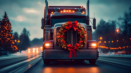Festive wreath adorned with red ribbons on semi trucks back, celebrating holiday spirit on road.