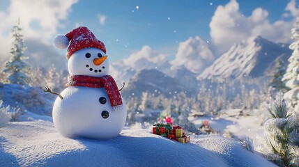 Obraz premium Cheerful snowman in a winter landscape with festive decorations