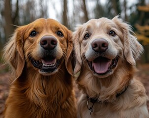 Obraz premium Two dogs are smiling and looking at the camera