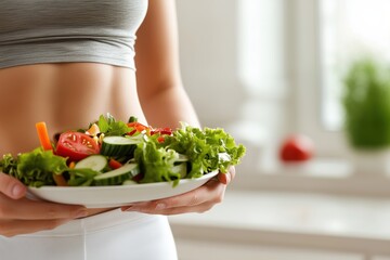 A woman proudly holds a vibrant, fresh salad in a pristine white bowl, perfectly showcasing healthy eating habits that are aimed at effective weight loss and maintaining a beautiful, fit body