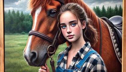 Fototapeta premium Realistic picture of a girl holding a horse