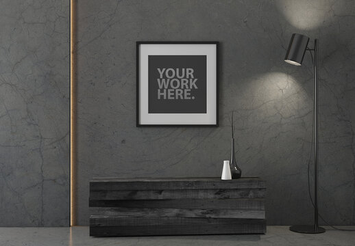 Square poster black frame with passepartout mockup hanging on black concrete wall