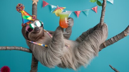Festive Sloth Lounging with Cocktail – Whimsical Celebration for birthday Card or new Year Generative aI
