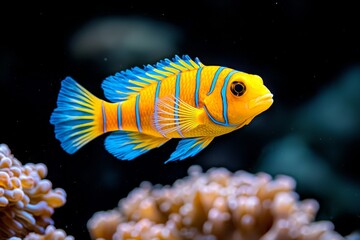 In a tranquil underwater setting, a colorful clownfish swims gracefully amidst a lively coral reef filled with marine life.