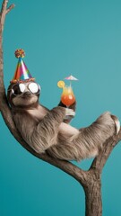 Festive Sloth Lounging with Cocktail – Whimsical Celebration for birthday Card or new Year