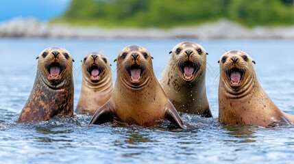 Fototapeta premium In a dynamic aquatic scene, playful seals swim with their mouths open.
