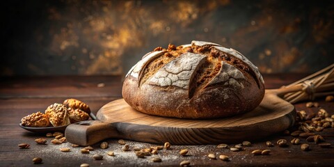 Artisan sourdough bread on a rustic wooden board, surrounded by freshly baked pastries and grains.