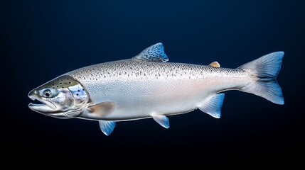 Obraz premium A close-up of salmon swimming underwater, exploring marine life in dark ocean waters.