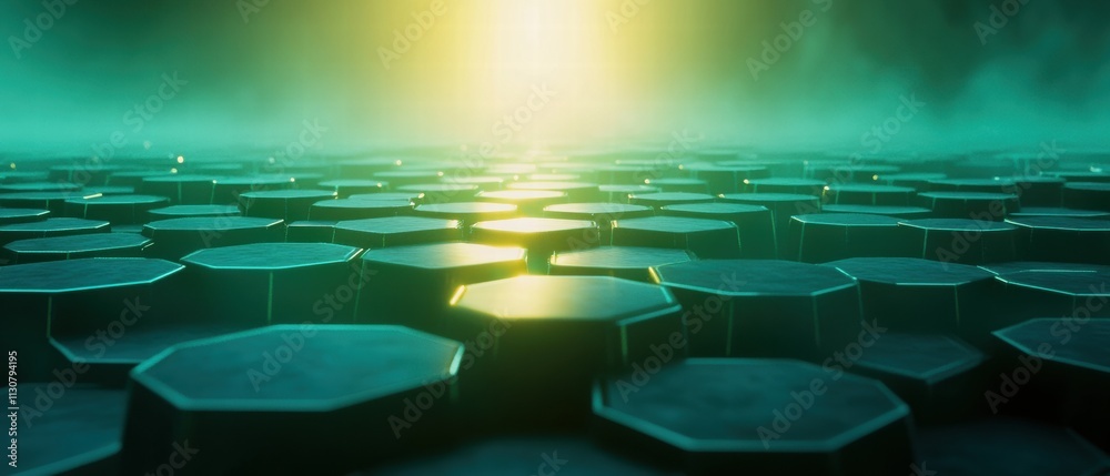 Poster glowing hexagonal grids in digital landscape with ethereal light in background