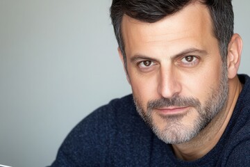 Fototapeta premium Close-up portrait of a confident middle-aged man with grey hair and a beard, conveying a sense of maturity and experience