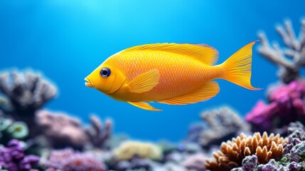 In a lively display, a bright yellow tang fish glides effortlessly through vibrant corals, showcasing a flourishing marine habitat perfect for diving and conservation efforts.