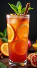 Fototapeta premium A refreshing glass of iced tea with orange slices and a cinnamon stick, garnished with mint, sits on a dark background