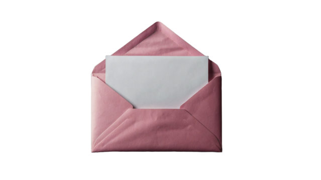 Illustration of an open pink envelope with blank white paper isolated on transparent background
