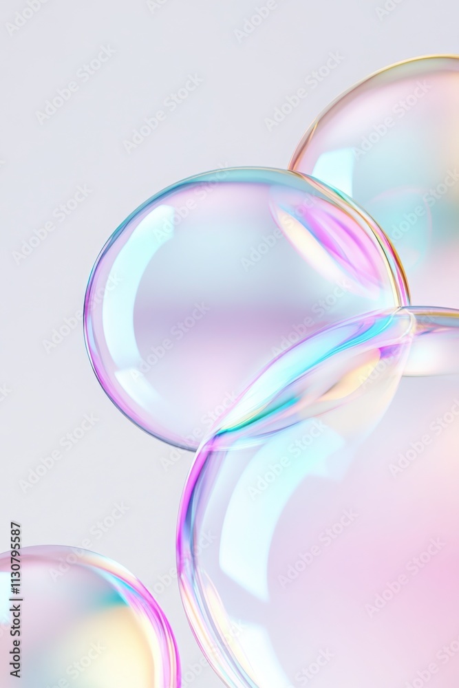 Poster colorful holographic soap bubbles floating on a soft gradient background, creating a mesmerizing and