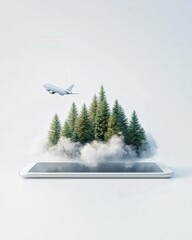 Fototapeta premium A smartphone displays a miniature forest with trees and a plane flying above, blending nature and technology in a surreal composition.
