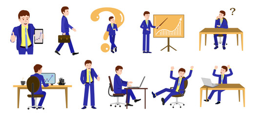 An office worker at the workplace. A set of vector illustrations with a cartoon character in the office for animation. An office worker. All the details of the characters on separate layers, the joint