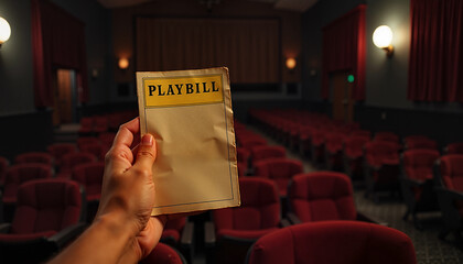 Person holding a playbill in a vintage movie theater with empty red seats