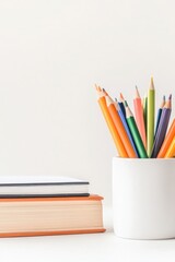 Fototapeta premium Vibrant colored pencils stand in a white cup beside stacked books, ready for creative work or studying