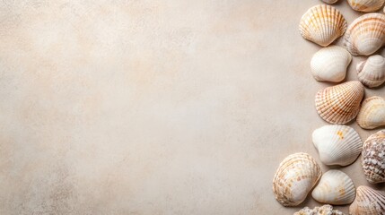 Obraz premium A serene arrangement of various seashells on a light, textured background, perfect for beach-themed designs, travel brochures, or nature-related content