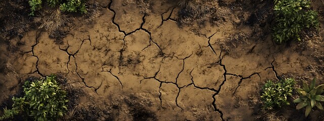 A top-down view of cracked earth with sparse grass, symbolizing the harsh environment for plant growth in arid areas