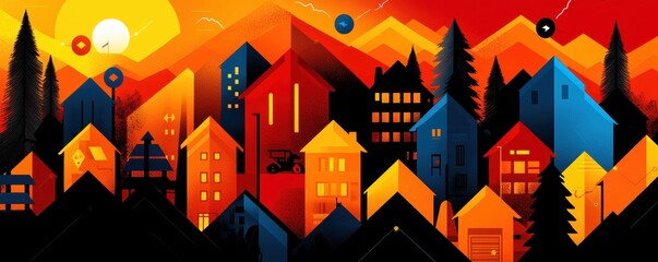 Obraz premium A vibrant, geometric landscape featuring colorful houses and mountains under a dramatic sunset.