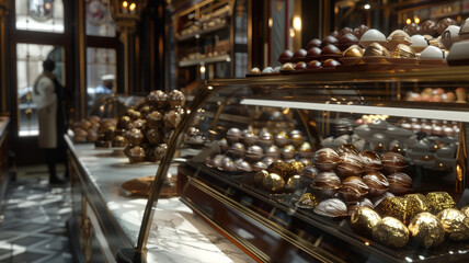 In a lively artisanal chocolate shop, rows of exquisite truffles are displayed in glass cases, each adorned with edible gold leaf, while a chocolatier skillfully tempers dark chocolate