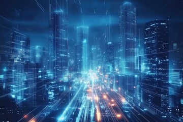 Obraz premium Digital connections and light trails illuminate a futuristic smart city at night, highlighting the progress of technology and urban development