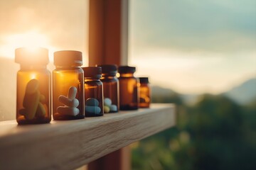 Fototapeta premium Glass Medicine Bottles and Pills on Wooden Shelf for Better Health and Wellness, Pharmacy Healthcare, Holistic Healing, Daily Supplements