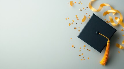 Graduation cap with a tassel surrounded by colorful confetti and ribbons on a light background, ideal for celebrating academic achievements, invitations, or graduation announcements,