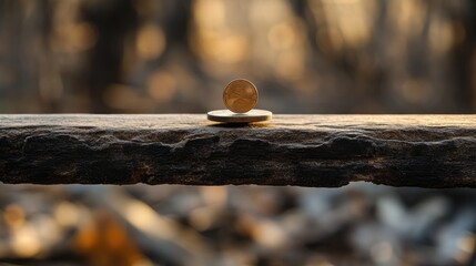 Obraz premium Macro view of a single coin balancing on a narrow plank, symbolizing financial decision-making risks