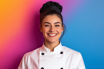 Smiling female chef in uniform, vibrant colorful background, professional culinary portrait