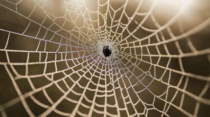 Obraz premium Dew-covered spiderweb, intricate design, sunlight.
