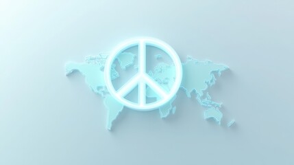Obraz premium Luminous peace sign hovers over a delicate glass world map, symbolizing the pursuit of global peace and harmony
