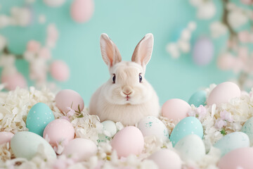 A charming white rabbit sits among pastel Easter eggs and flowers, creating a lovely spring scene