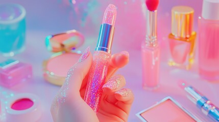 Hand Holding Glittery Lipstick Among Vibrant Cosmetics