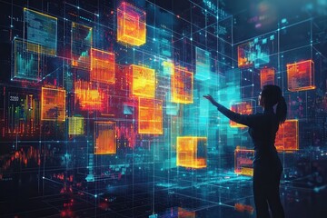 Futuristic data interface with person interacting in a digital environment