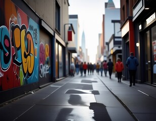 Urban Street Art Graffiti Cityscape Modern Architecture People Walking Sidewalk Buildings Street