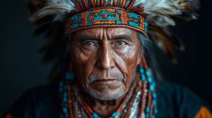 Obraz premium Elder Native American Chief in Traditional Headdress with Beaded and Feathered Details