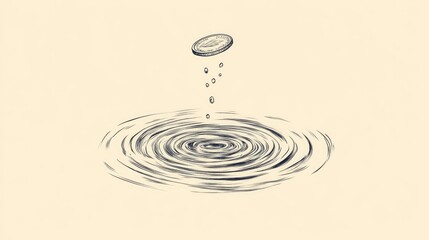 Minimalistic depiction of a coin falling into water, ripples turning into real estate sketches