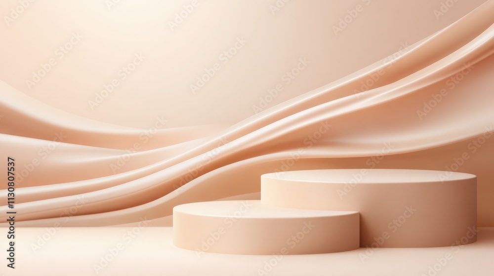 Poster two round podiums with flowing drape backdrop creating elegant scene for placing products on a beige