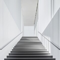 Obraz premium Bright modern hallway with a staircase and clean metallic railings, showcasing minimalistic architecture for technology or business visuals