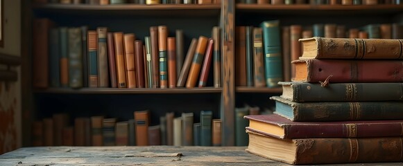 A stack of antique books rests on a weathered wooden table, a backdrop of a brimming bookshelf adds to the old-world charm and quiet atmosphere.