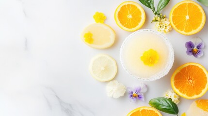 Vibrant citrus cocktail garnished with edible flowers, orange and lemon slices, creating a refreshing summer drink presentation