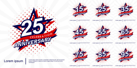 Set of 15-95th years anniversary celebration emblem. anniversary logo isolated with red ribbon and star. vector illustration template design for web, flyers, poster, invitation card, greeting card