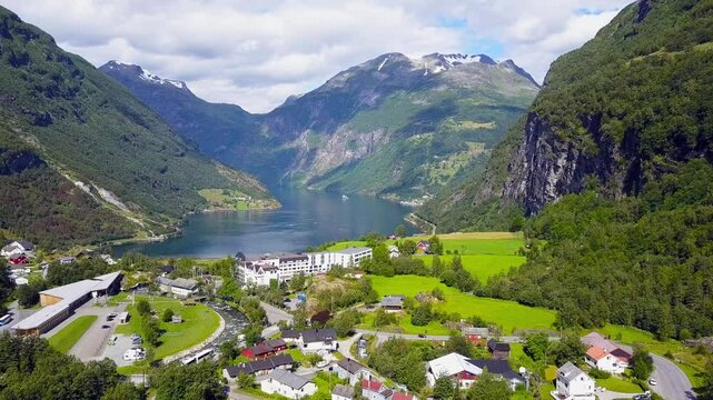 Geiranger at Geirangerfjord aerial view, Norway
