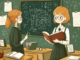 A charming cartoon-style illustration of two students in a classroom, one writing on a chalkboard and the other holding a book. The scene reflects education and teamwork.